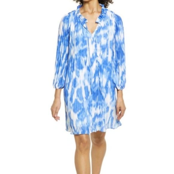 Halogen Sunburst Pleat Long Sleeve Dress - Blue & Ivory Brush Wash - Sz S - Picture 1 of 6